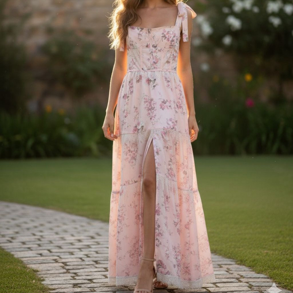 Unbranded Dresses & Skirts - Women's Pink Floral Maxi Dress shoulder tie lace trim new preppy dainty flowy XS